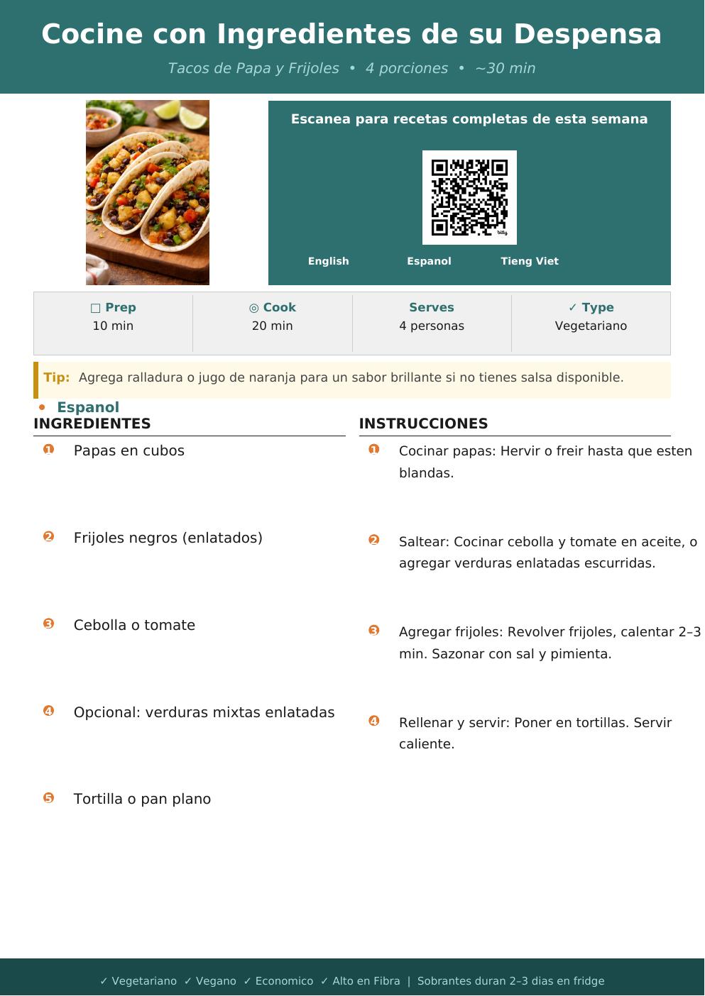 Tacos de Papa y Frijoles recipe card